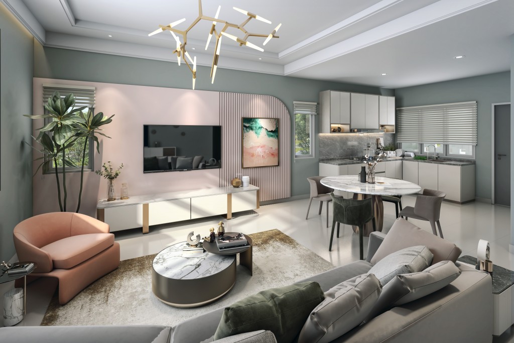 An artist’s impression of the unit’s living and dining area.