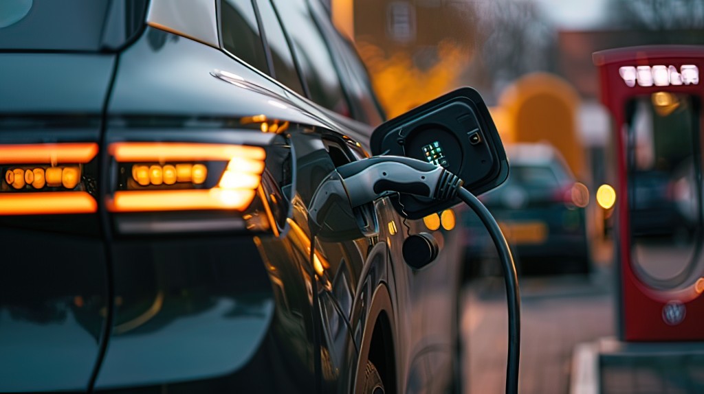 Charging an electric car with a power cable in the city.