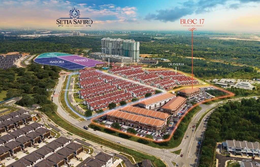 An aerial view of Setia Safiro township masterplan, featuring Bloc 17 which fronts the main road. 