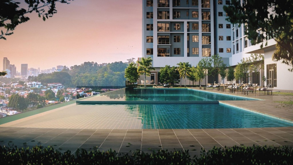 The emerald blue infinity pool is spacious and open to natural breezes.