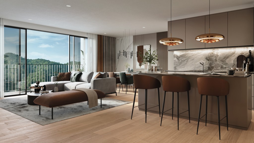 An artist's impression showcasing the spaciousness of Type B living & dry kitchen of The Reya.