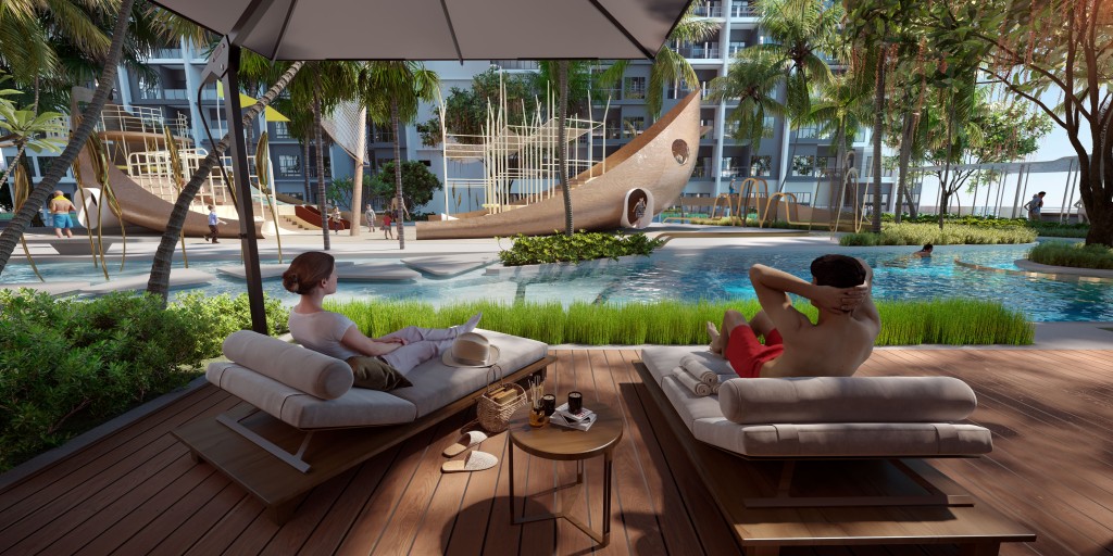 An artist’s impression of the elevated vantage point overlooking the swimming pool and other facilities at Residensi Cove.