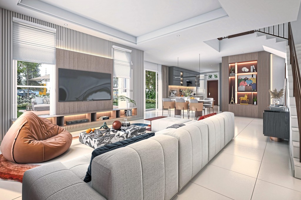 The open-plan concept enhances the feeling of spaciousness, offering flexibility in furniture arrangement.