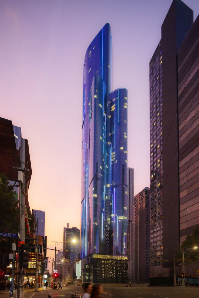 The facade view of Aurora Melbourne Central at night.