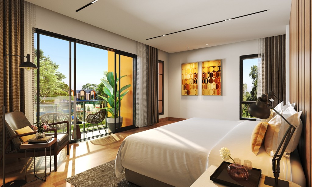 An artist's impression of the master bedroom optimised for natural daylight and ventilation.