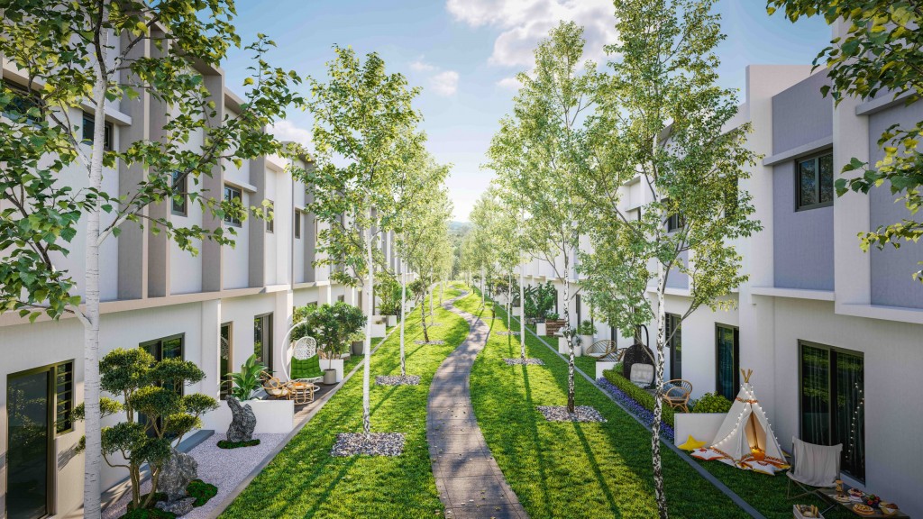 The homes are designed with open backyards that connect to a landscaped linear park.