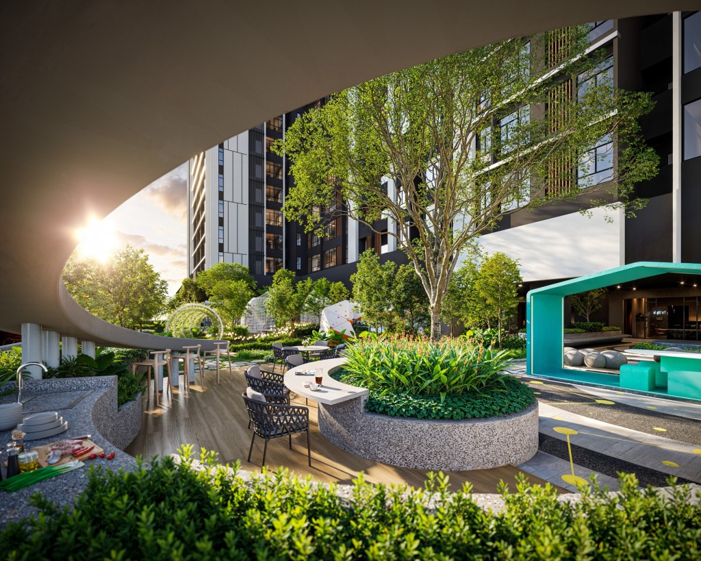 A cosy BBQ terrace set amidst gardens, perfect for casual get-togethers.