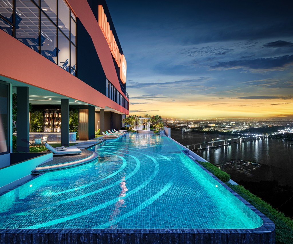 Aqua Zone at Roof Level 50 features an infinity pool with panoramic city and waterfront views.