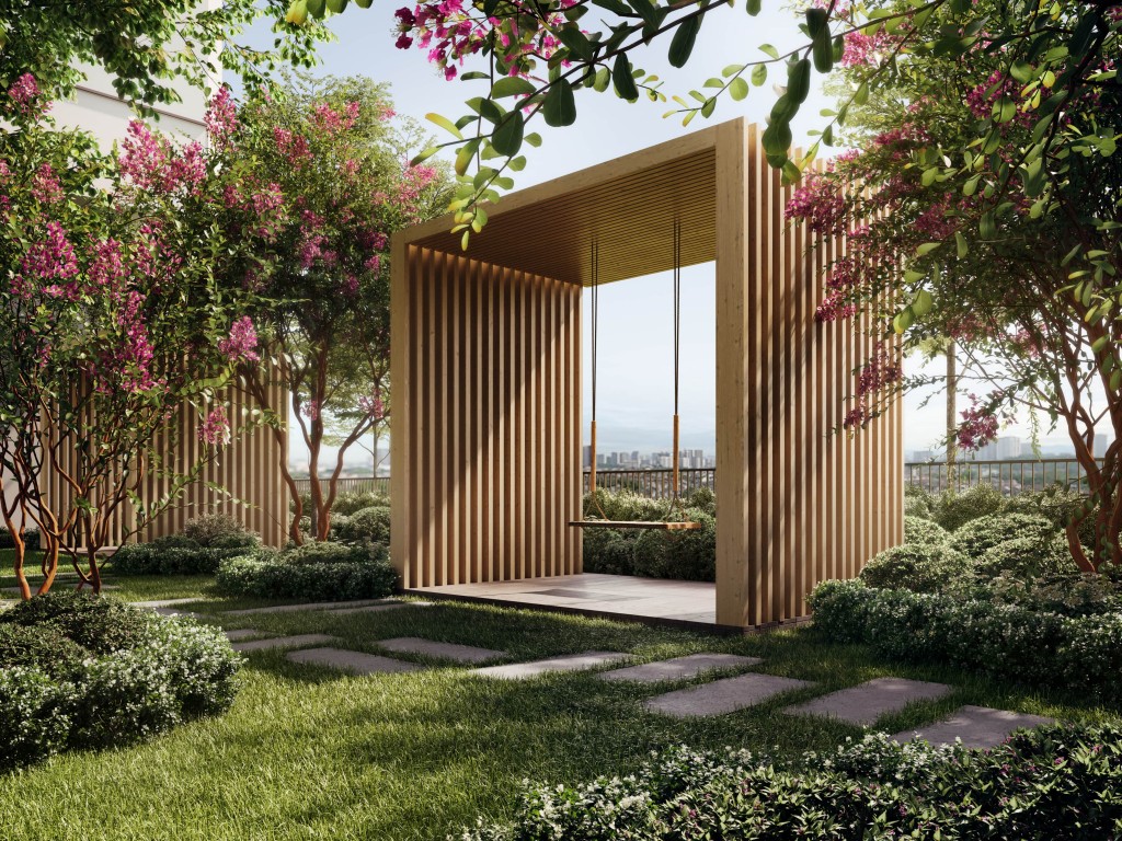 The Hanami path in this artist’s impression is one of the many tranquil spaces at Aras Residences.