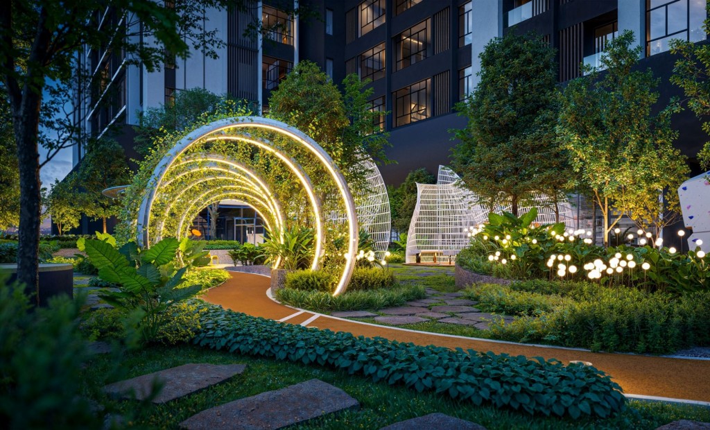 A scenic jogging path surrounded by greenery and softly lit arches invites a healthy community to bond.