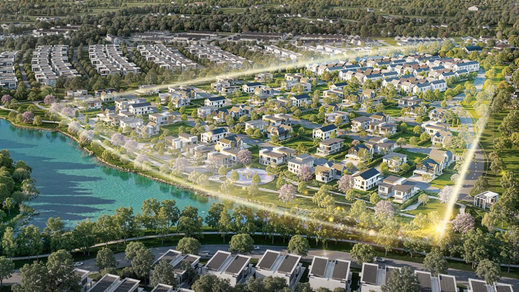 An artist’s overview of Regent’s Park bungalow developments with lush greenery. 