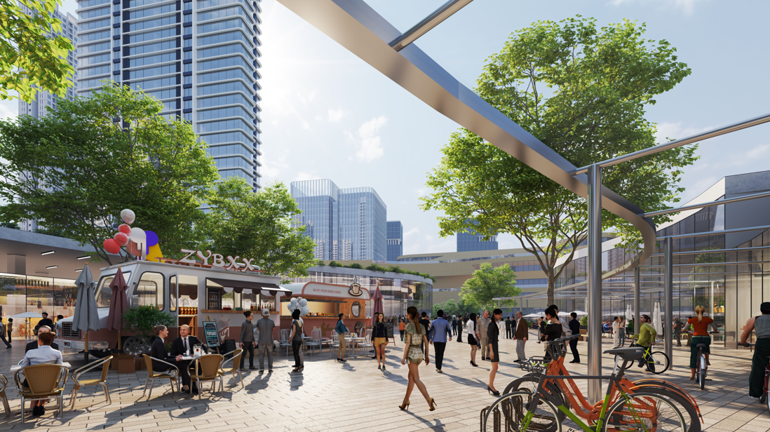 The hustle and bustle of shops blends seamlessly with landscaping and nature.