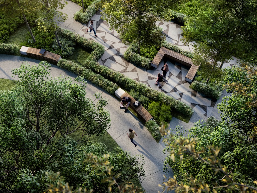  Trendy wooden benches line the various jogging paths and common areas at the central park.